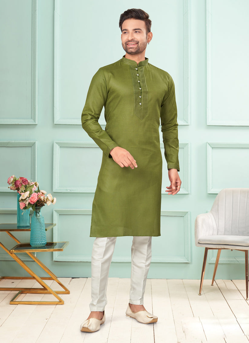 Mehndi Cotton Mens Kurta Pajama Set