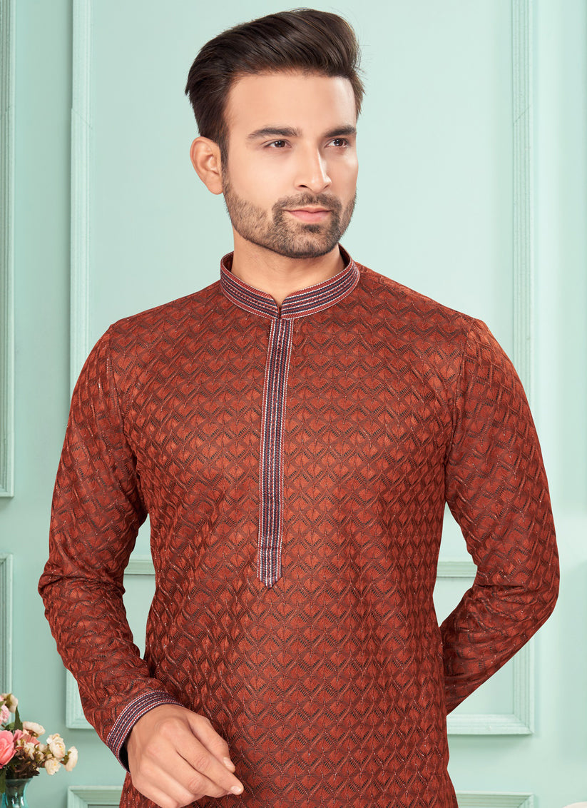 Rust Jacquard Mens Kurta Pajama Set