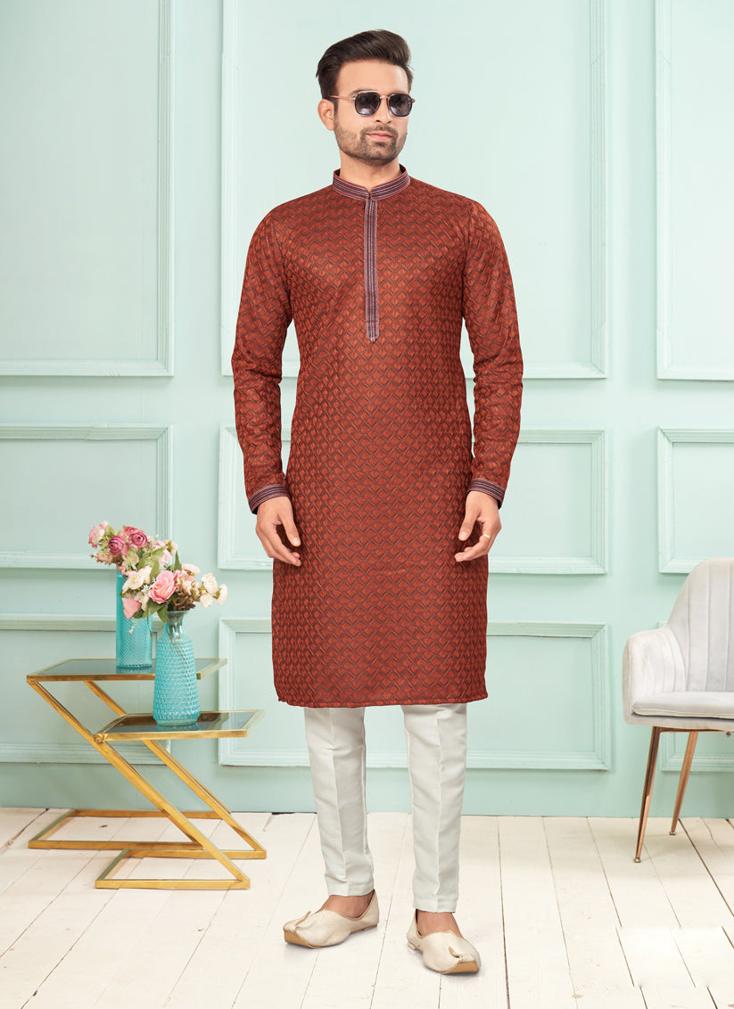 Rust Jacquard Mens Kurta Pajama Set