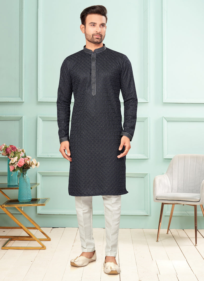 Black Jacquard Mens Kurta Pajama Set