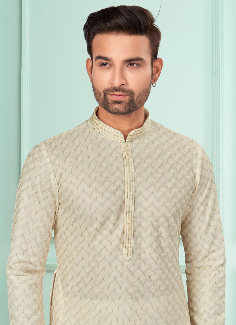 Cream Jacquard Mens Kurta Pajama Set