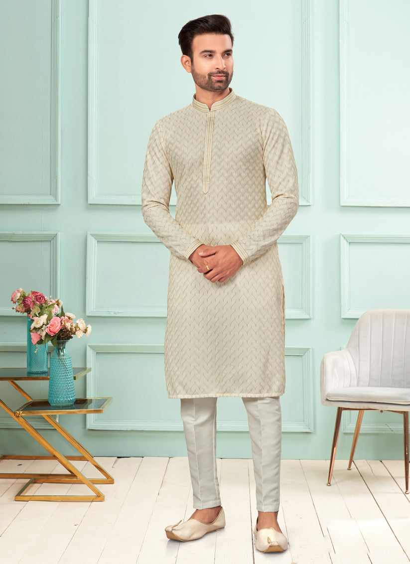 Cream Jacquard Mens Kurta Pajama Set