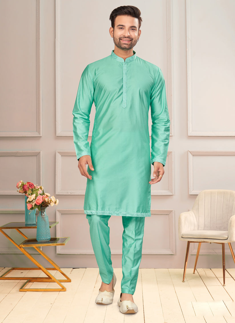 Sea Green Mens Kurta Pajama Set