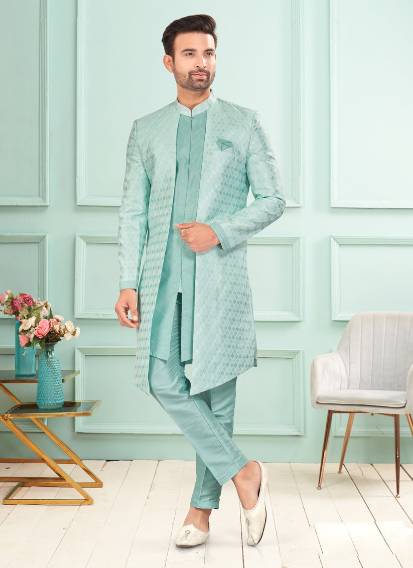 Sky Blue Mens Indo Western Suit