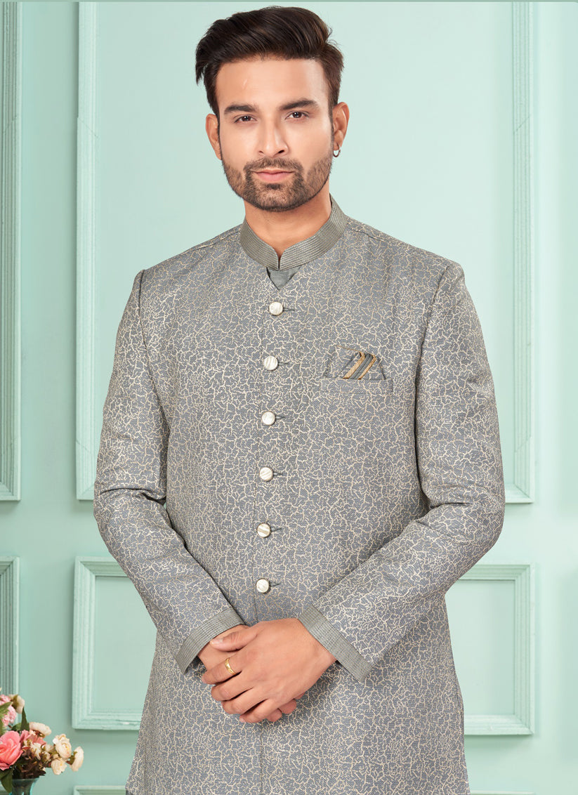 Grey Jacquard Mens Indo Western Suit