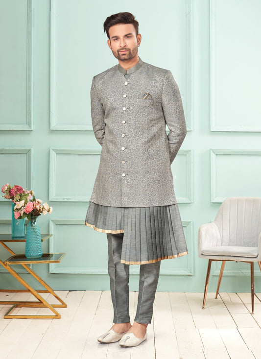 Grey Jacquard Mens Indo Western Suit