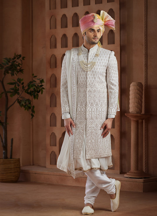 White Heavy Wedding Wear Designer Sherwani