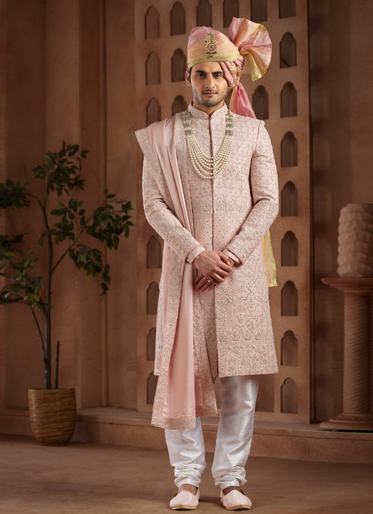Onion Pink Heavy Wedding Wear Designer Sherwani