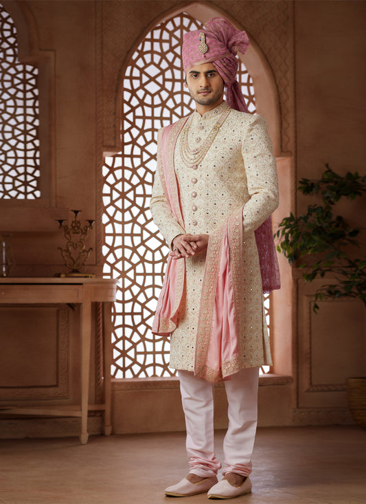 Cream Heavy Wedding Wear Designer Sherwani