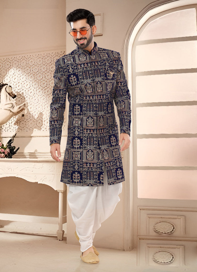 Navy Blue Designer Semi Indo Western