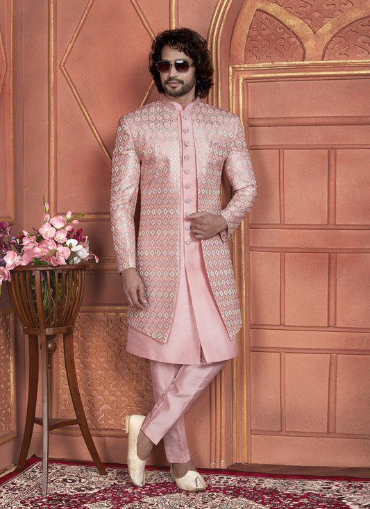 Coral Pink Designer Mens Indo Western Outfit