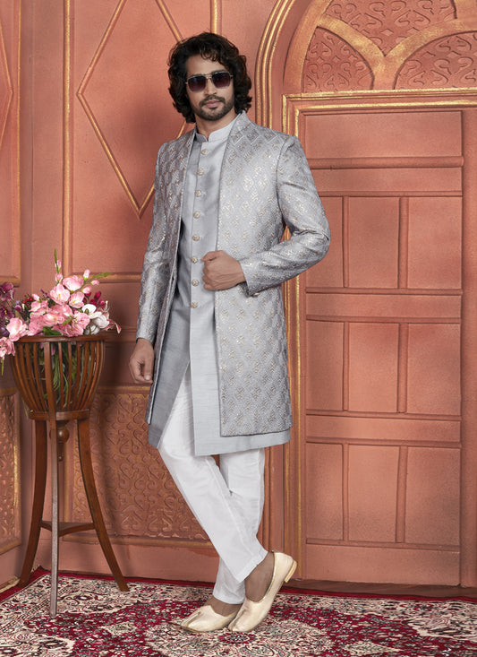 Grey Designer Mens Indo Western Outfit
