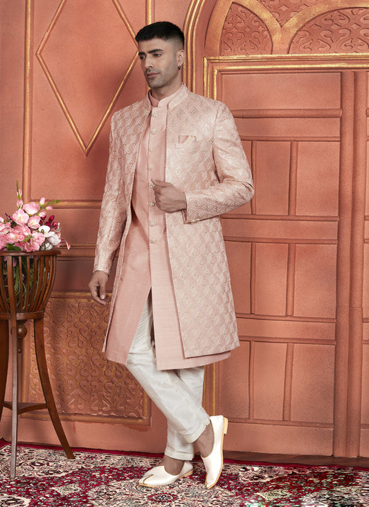 Peach Designer Mens Indo Western Outfit