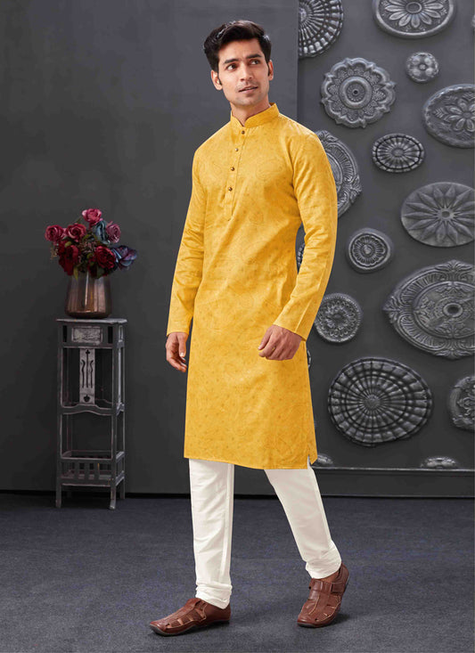 Yellow Polyester Printed Kurta Pajama Set