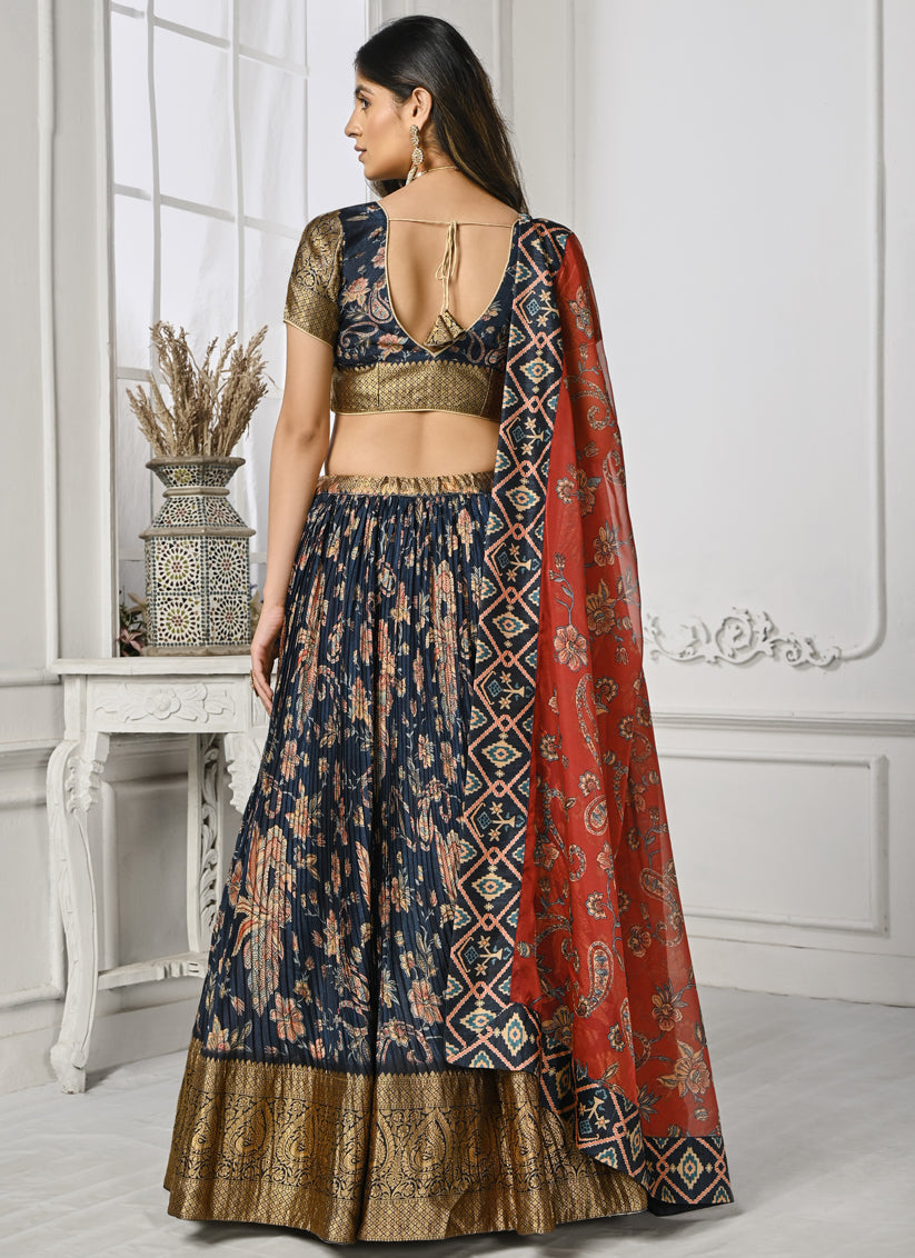 Navy Blue Pure Silk Digital Printed lehenga Choli Set