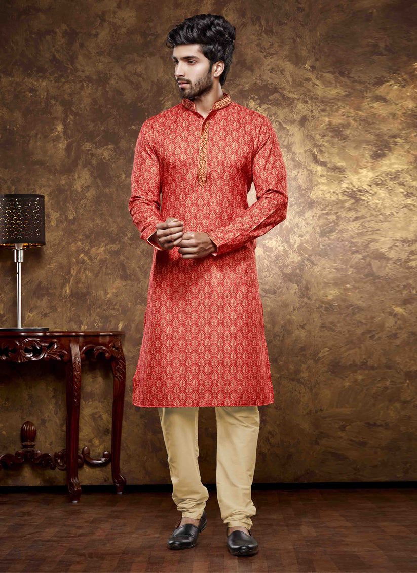 Hot Red Cotton Printed Kurta Pajama Set