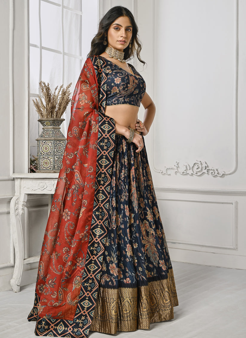 Navy Blue Pure Silk Digital Printed lehenga Choli Set