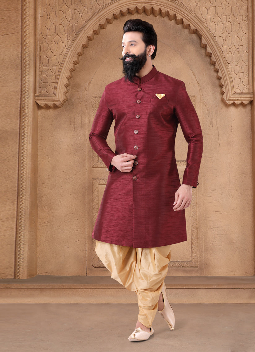 Maroon Silk Wedding Wear Mens Indo Western