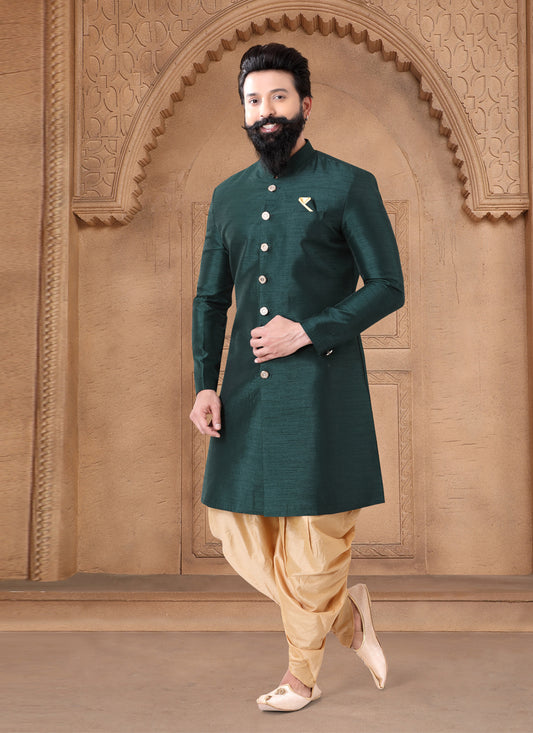 Green Silk Wedding Wear Mens Indo Western