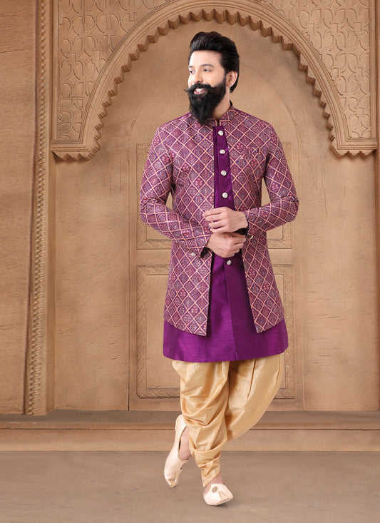 Purple Silk Wedding Wear Mens Indo Western