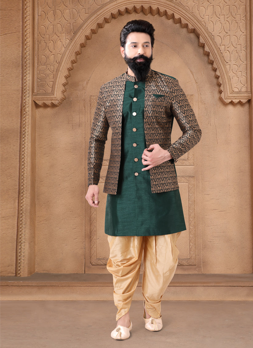 Green Silk Wedding Wear Mens Indo Western