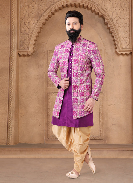 Purple Silk Wedding Wear Mens Indo Western