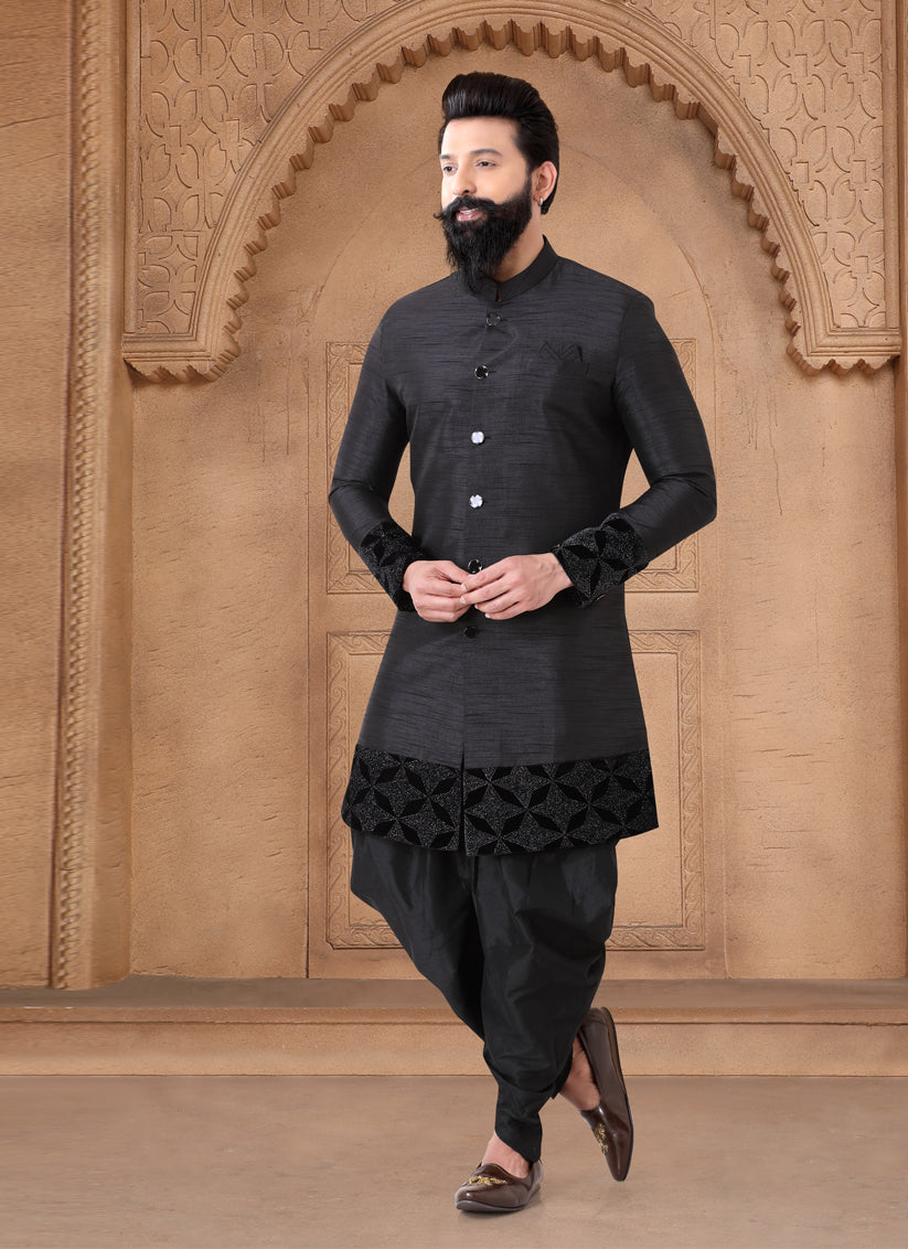 Black Silk Wedding Wear Mens Indo Western