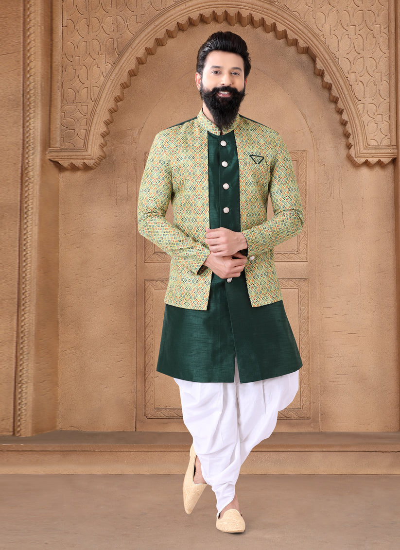 Bottle Green Silk Wedding Wear Mens Indo Western