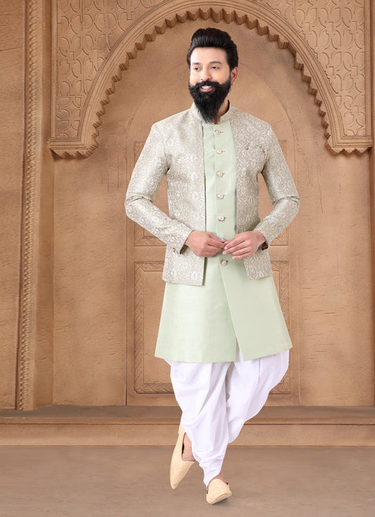 Pastel Green Silk Wedding Wear Mens Indo Western