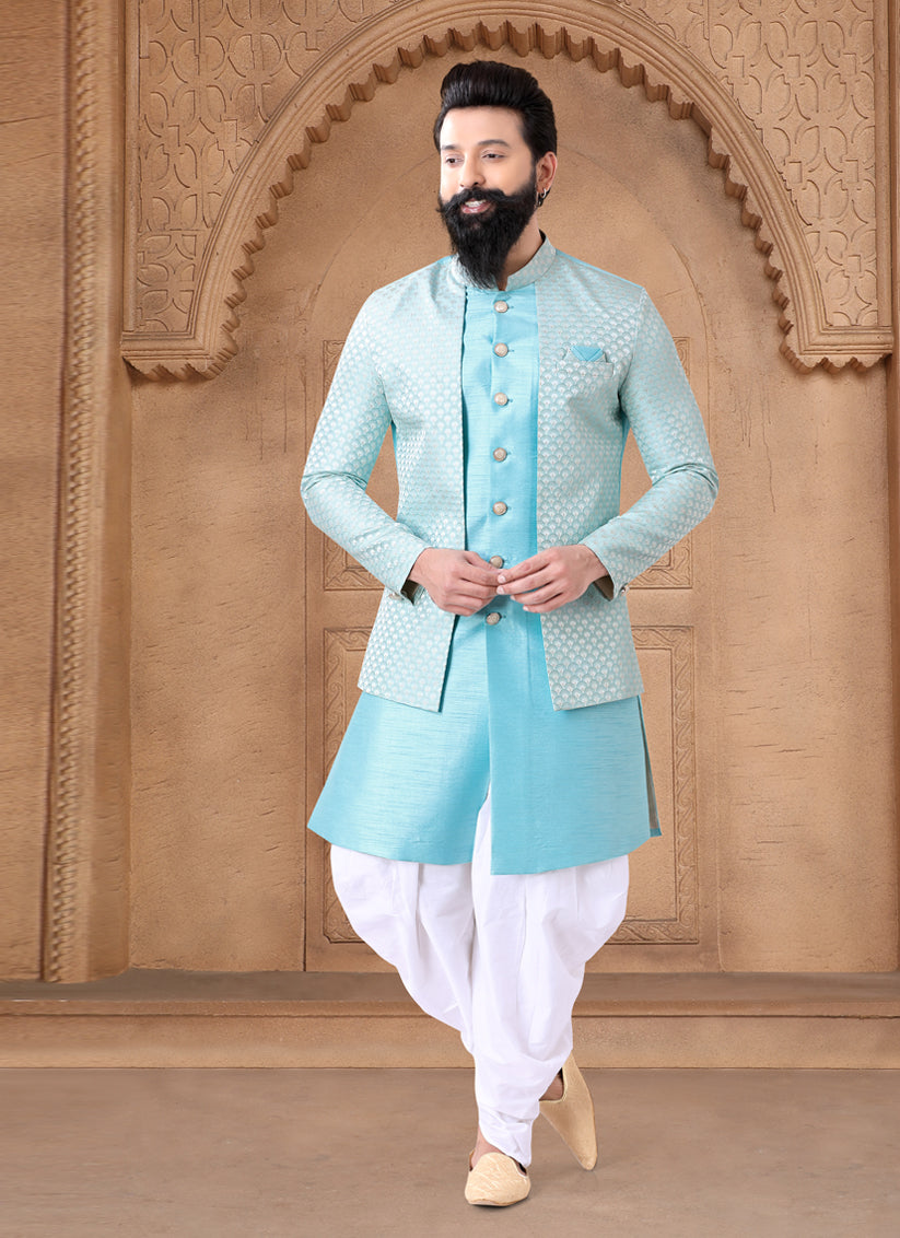 Sky Blue Silk Wedding Wear Mens Indo Western