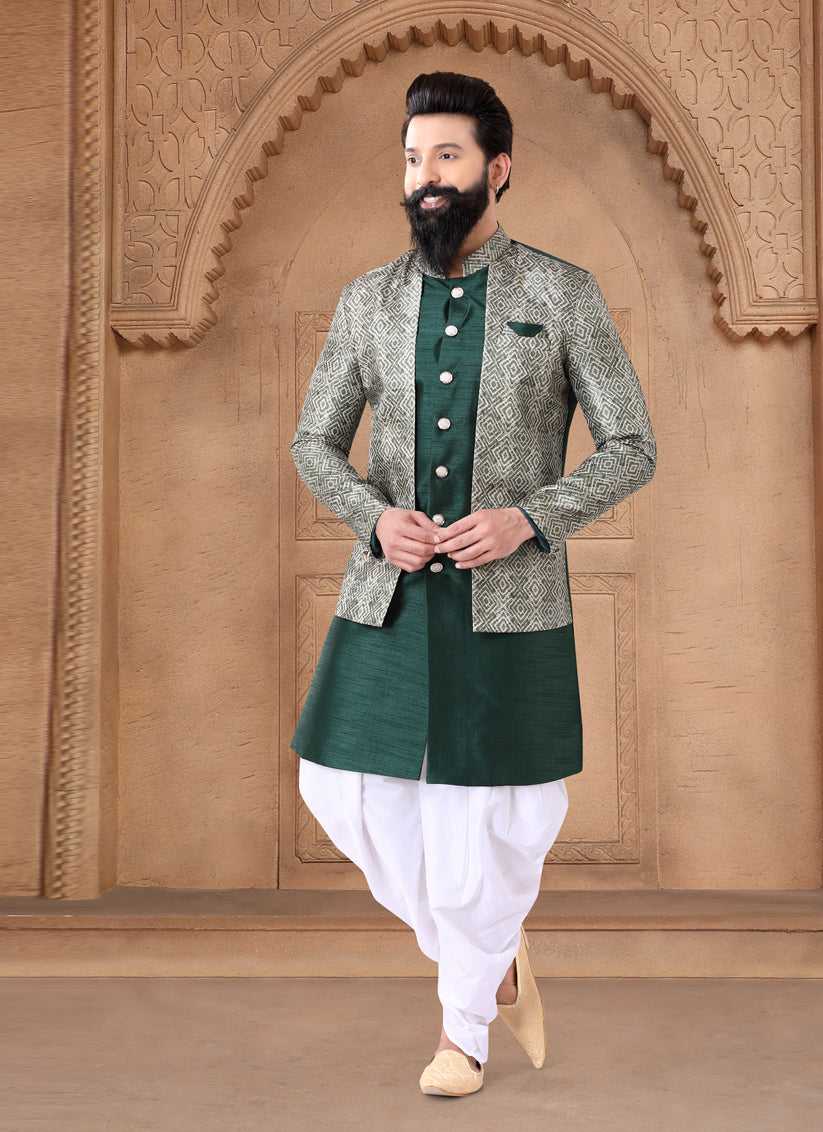 Bottle Green Silk Wedding Wear Mens Indo Western