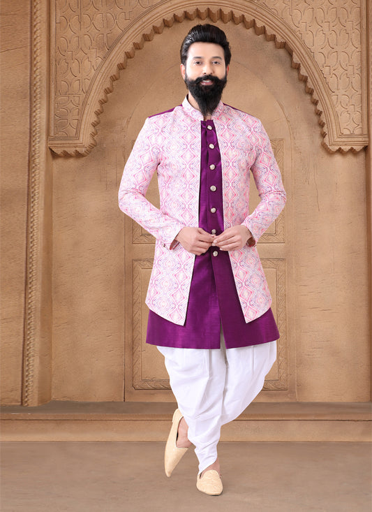 Purple Silk Wedding Wear Mens Indo Western