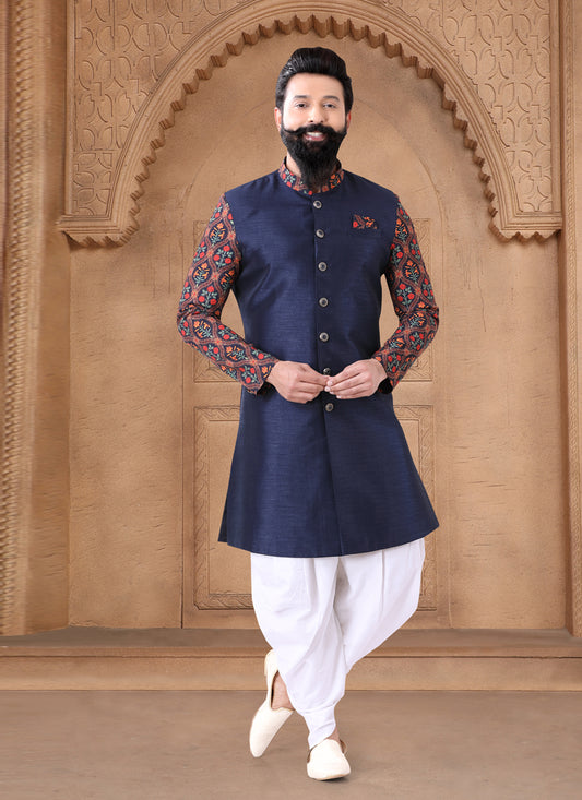 Navy Blue Silk Wedding Wear Mens Indo Western