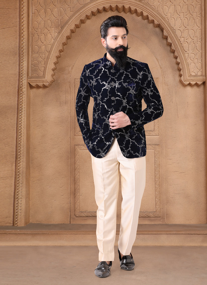 Navy Blue Velvet Jodhpuri Suit