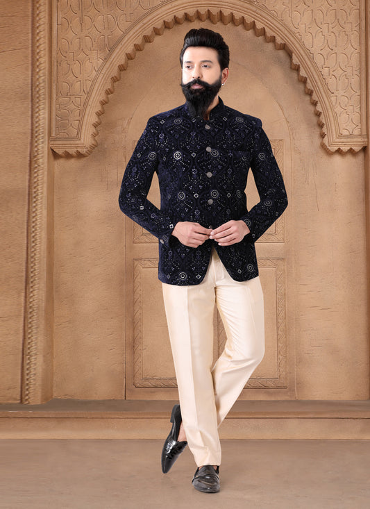 Navy Blue Velvet Jodhpuri Suit