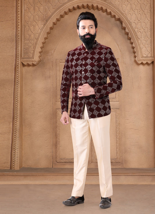 Maroon Velvet Jodhpuri Suit