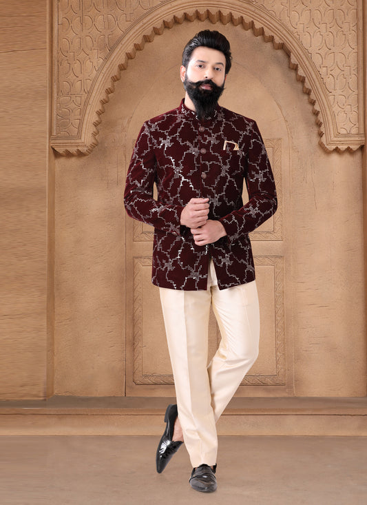 Maroon Velvet Jodhpuri Suit