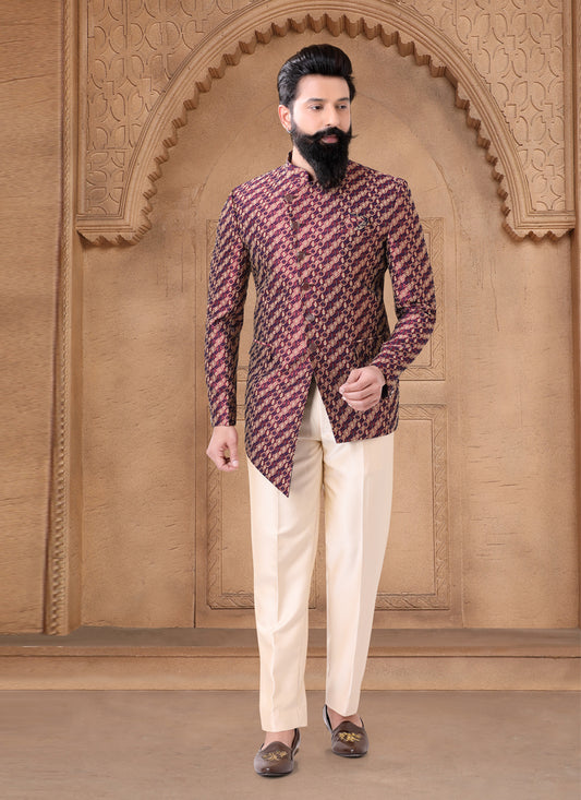 Scarlet Red Jacquard Jodhpuri Suit