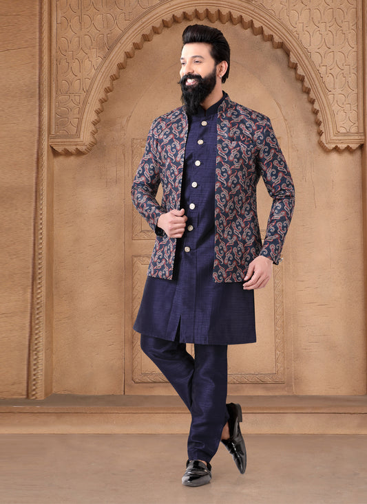 Navy Blue Silk Mens Indo Western