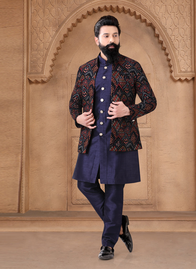 Navy Blue Silk Mens Indo Western