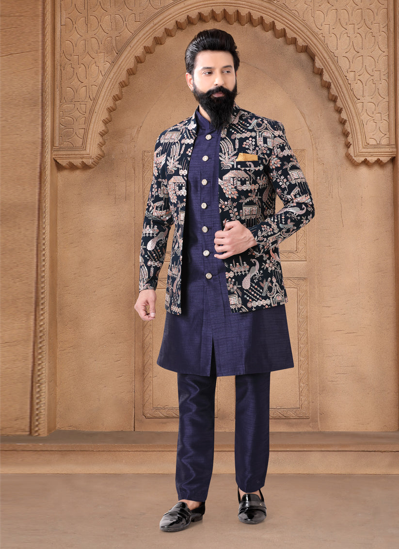 Navy Blue Silk Mens Indo Western