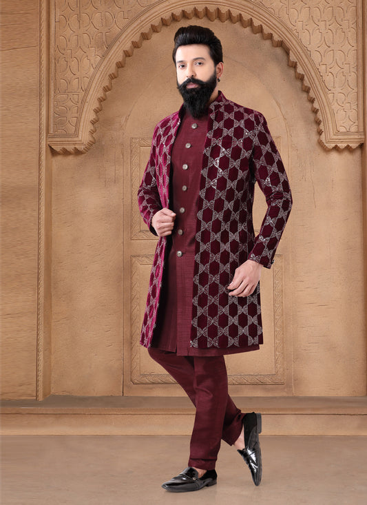 Maroon Velvet Mens Indo Western