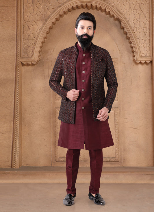 Maroon Velvet Mens Indo Western