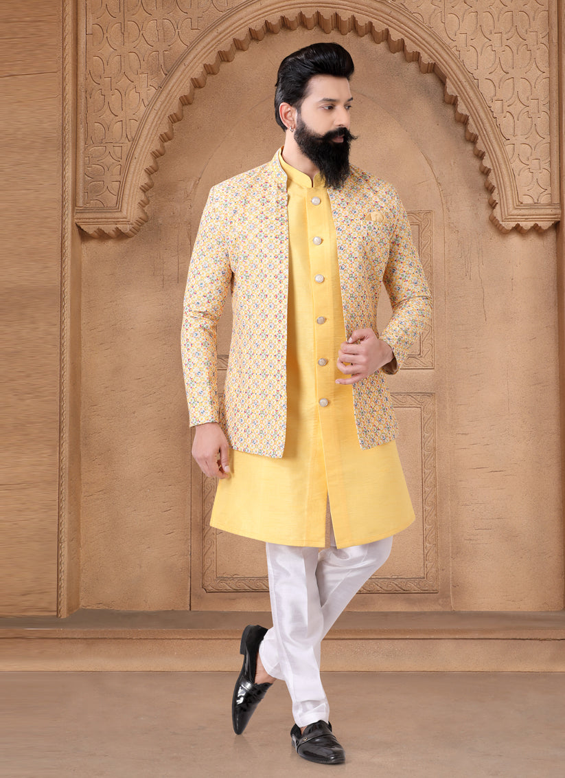 Yellow Silk Mens Indo Western