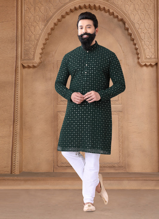 Bottle Green Georgette Mens Kurta Pajama Set