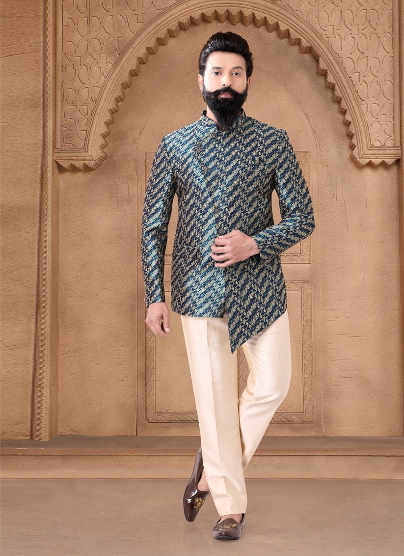 Teal Green Jacquard Jodhpuri Suit