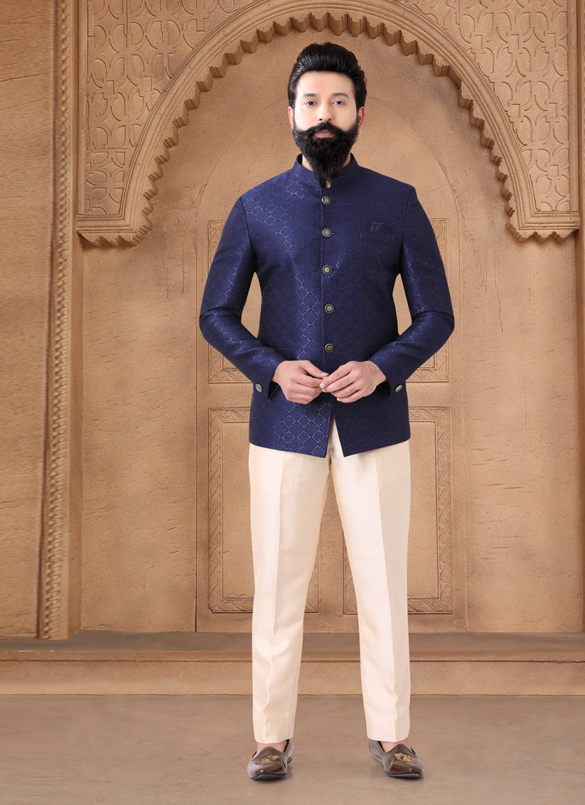 Navy Blue Jacquard Jodhpuri Suit