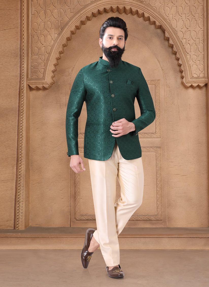 Bottle Green Jacquard Jodhpuri Suit