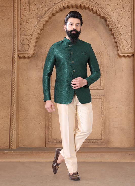 Bottle Green Jacquard Jodhpuri Suit