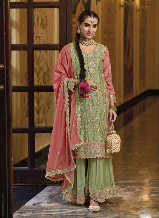 Mint Green Chinnon Embroidered Designer Palazzo Kameez